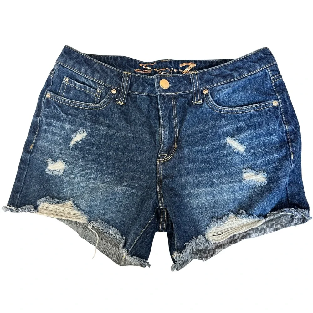 Seven7 Womens 6 Distressed Denim Jean Shorts Mid Rise Frayed Cutoff Stretch